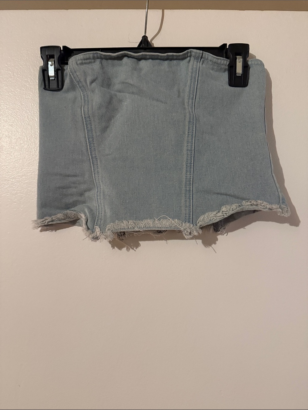 superdown Light Wash Denim Mini Skirt with Frayed Hem
